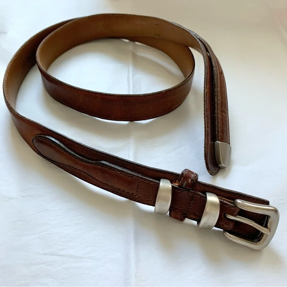 VTG LL Bean Vintage Brown Leather Belt with Silver Hardware Mens 36